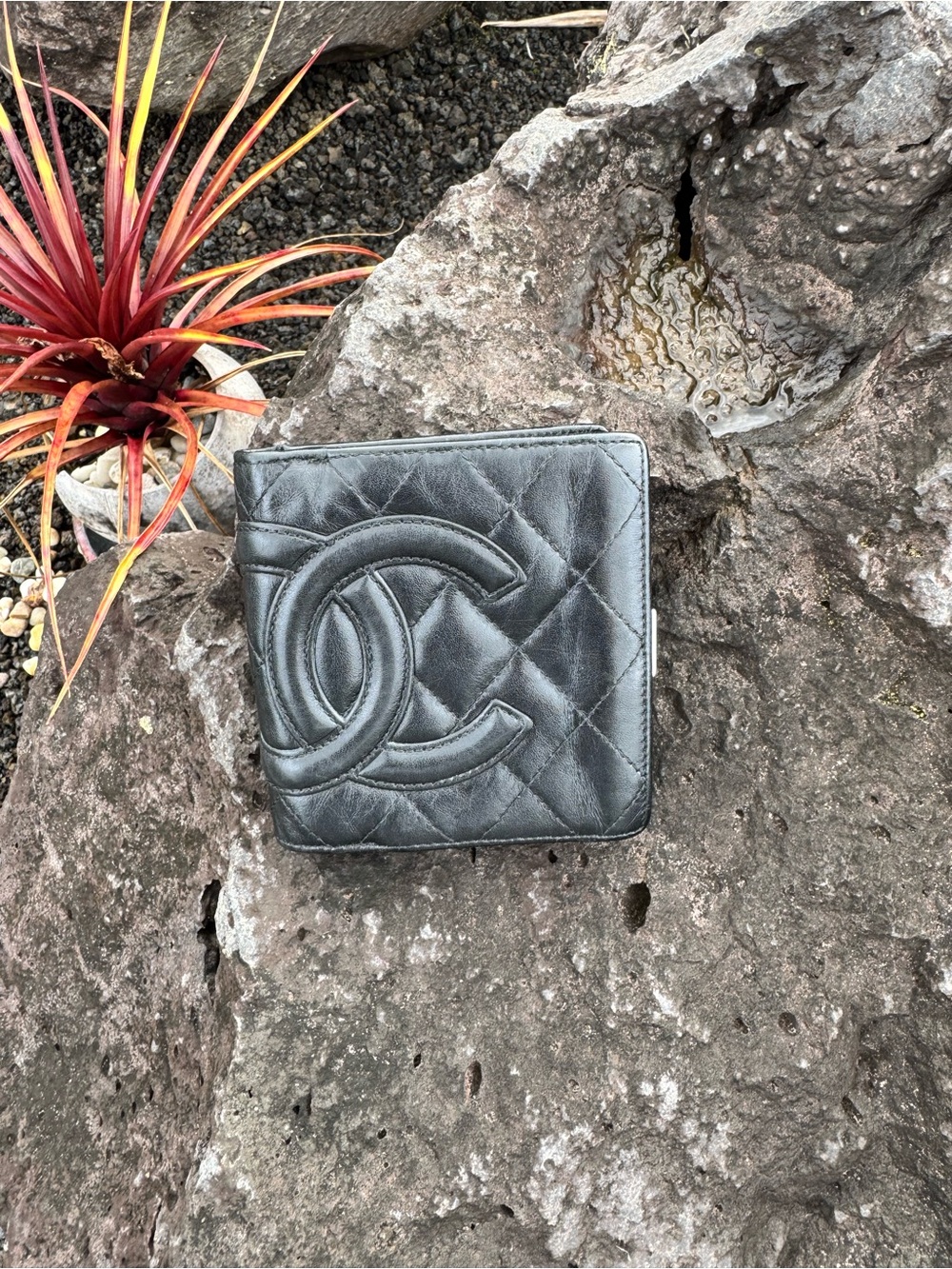 Chanel Cambon Ligne Black Quilted Leather Compact Wallet